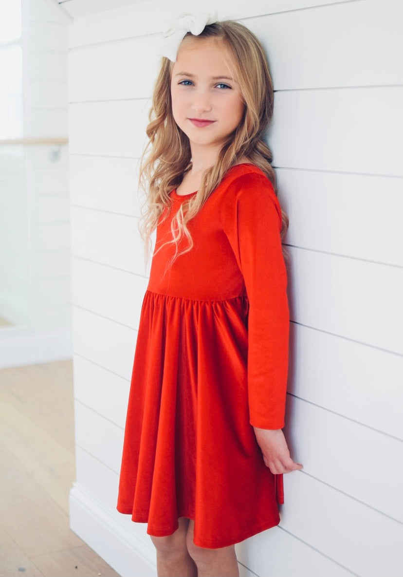 Velvet Twirl Dress || Red